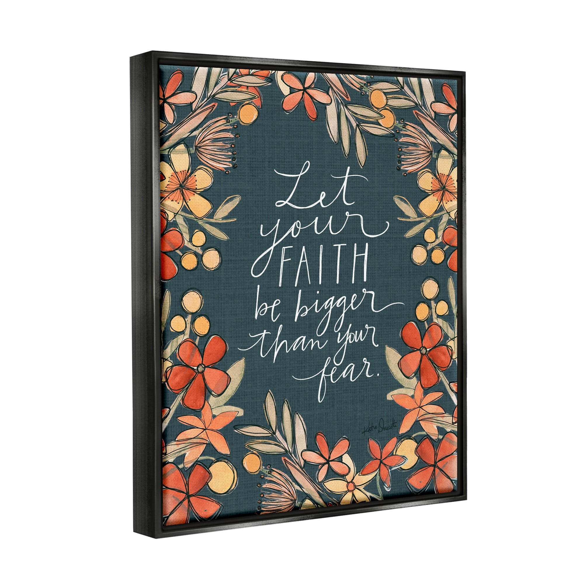Stupell Industries Faith Over Fear Religious Calligraphy Patterned Floral Border Graphic Art Jet Black Floating Framed Canvas Print Wall Art, Design by Katie Doucette