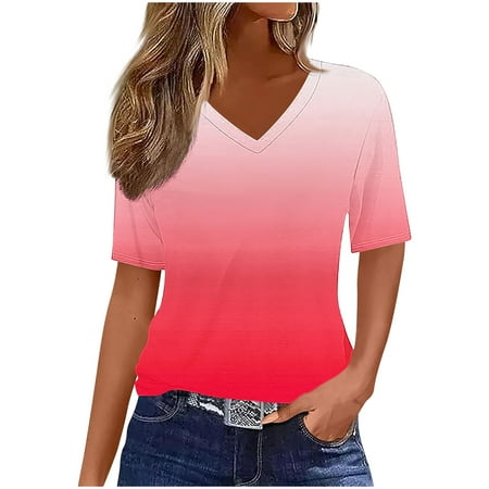 XUNKUSGA Womens Tops Gradient Oversized T-shirt V-neck Loose Tee Corset Y2K Vintage Tops Summer Casual Outfits S-3XL