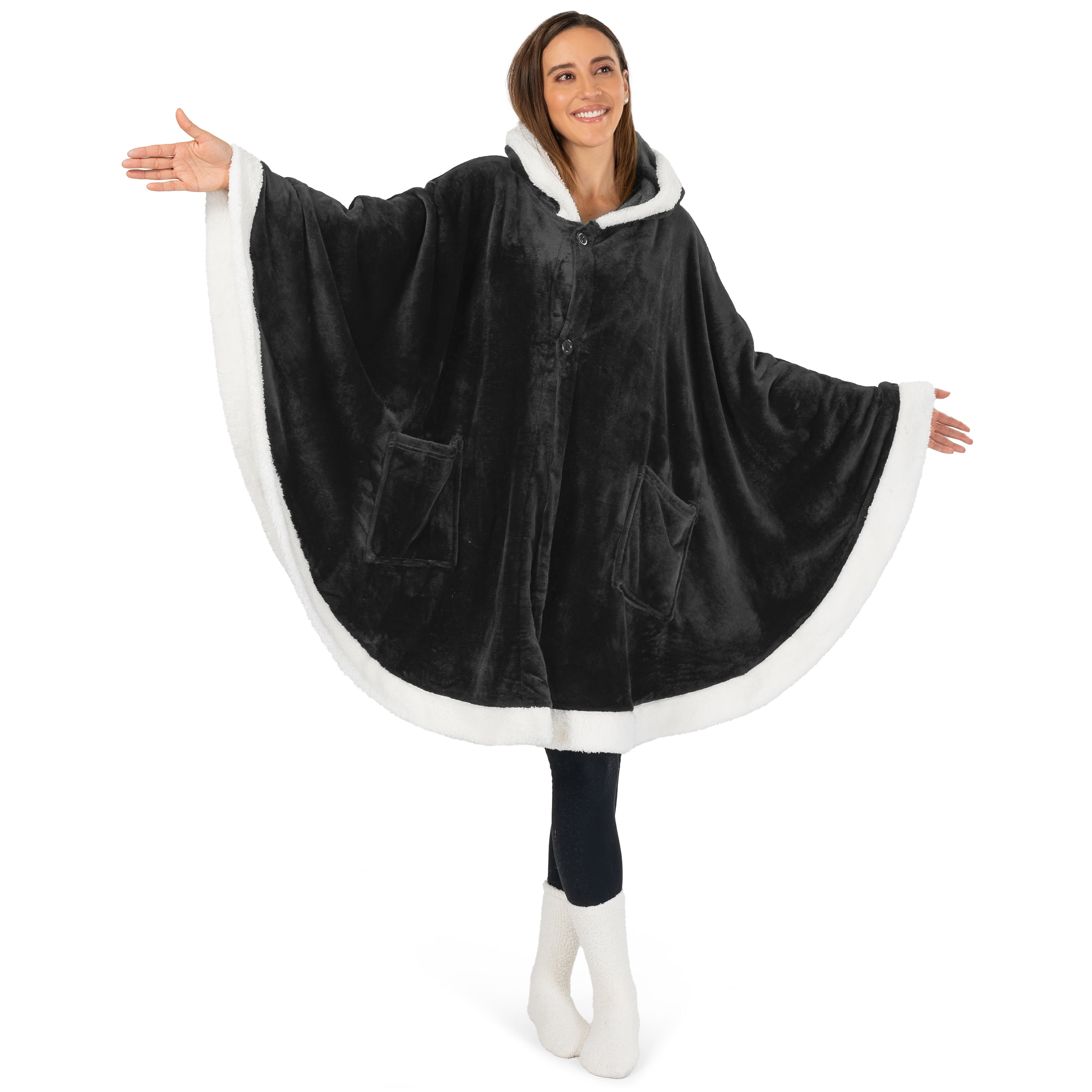PAVILIA Wearable Blanket for Adult Women, Cozy Plush Fleece Blanket Poncho Cape with Hood, Super Soft Shawl, Angel Wrap Throw for Office, Black