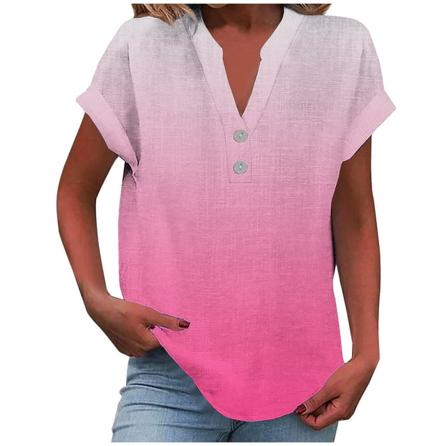 fatyb Womens Printed V Neck Tops Short Sleeve Button V Neck Tshirts Lightweight Summer Beach Blouses