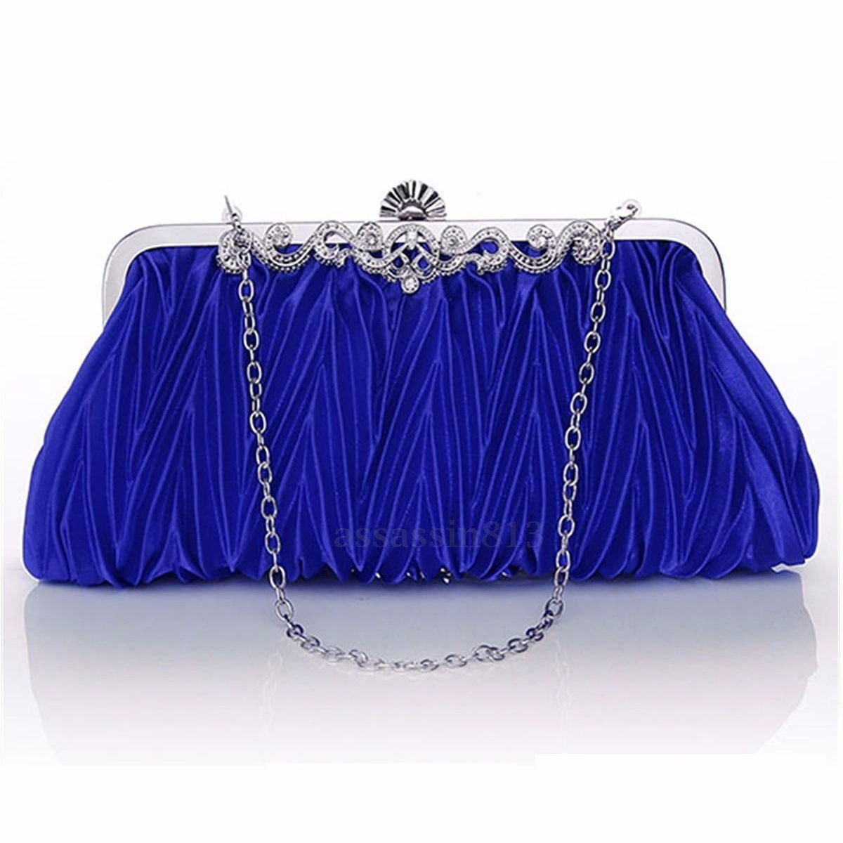 New Women's Satin Crystal Diamante Clutch Bag Evening Party Handbag Bridal Purse 