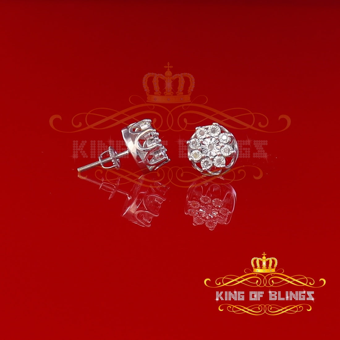 King of Bling's 925 Sterling Silver White 0.10ct Diamond For Men's/Women's Stud Floral Earrings