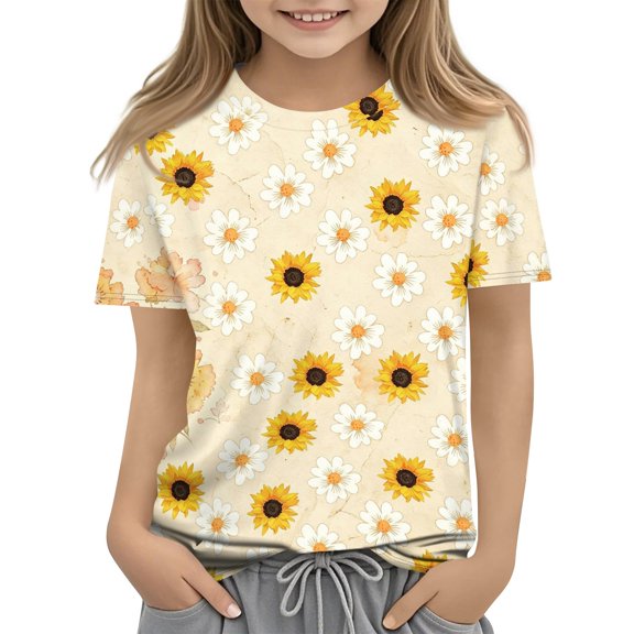 Abcomgle Girls Casual Tshirts Summer Short Sleeve Tshirt Daisy Sunflower Print Toddler T-Shirt Casual Crewneck Cotton Tops