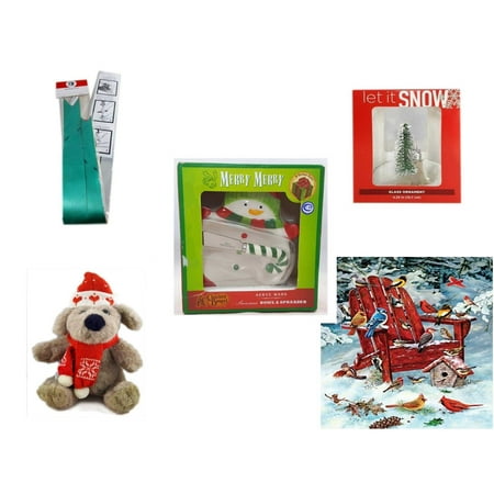 Christmas Fun Gift Bundle [5 Piece] - Myco's Best Pull Bows Set of 10 - Let It Snow Glass Ornament Deer - Cracker Barrel Serveware Snowman Bowl & Spreader - Soft & Cuddly  Dog Sitting  12