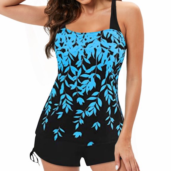 Clearance! Hontri Tankini Swimsuits for Women Print Women's Digital Set Swimsuit Split Beach Large Bikini Suspender Swimwears Tankinis Set Bathing Suit for Women Blue,L