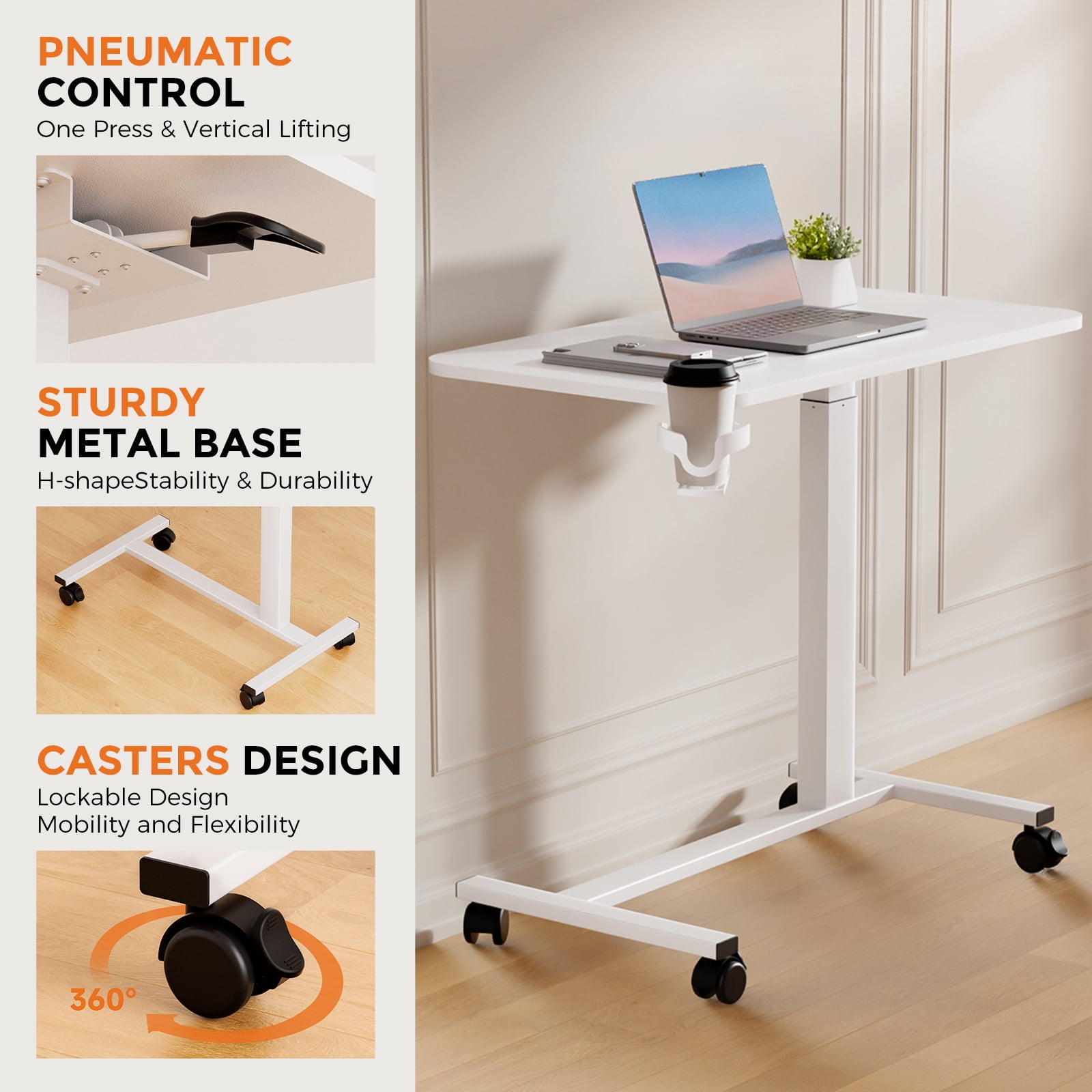 EXRACING Pneumatic Standing Overbed Desk with Lockable Wheels, Height Adjustable Rolling Laptop Table for Home & Hospital, Black