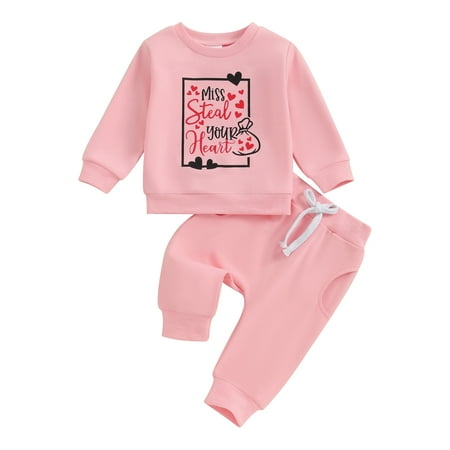 

WERNZATT Baby Girls 2-piece Valentines Day Outfit Long Sleeve Letters Heart Print Sweatshirts with Sweatpants Set