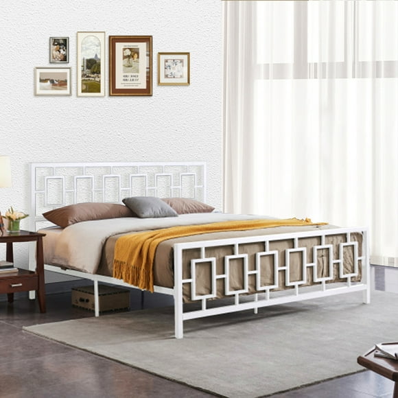 Victorian Style King Size White Iron Bed Frame with Headboard and Footboard, Sturdy Metal Platform, Iron Slat Support, No Box Spring Needed, Perfect for Antique or Classic Bedrooms