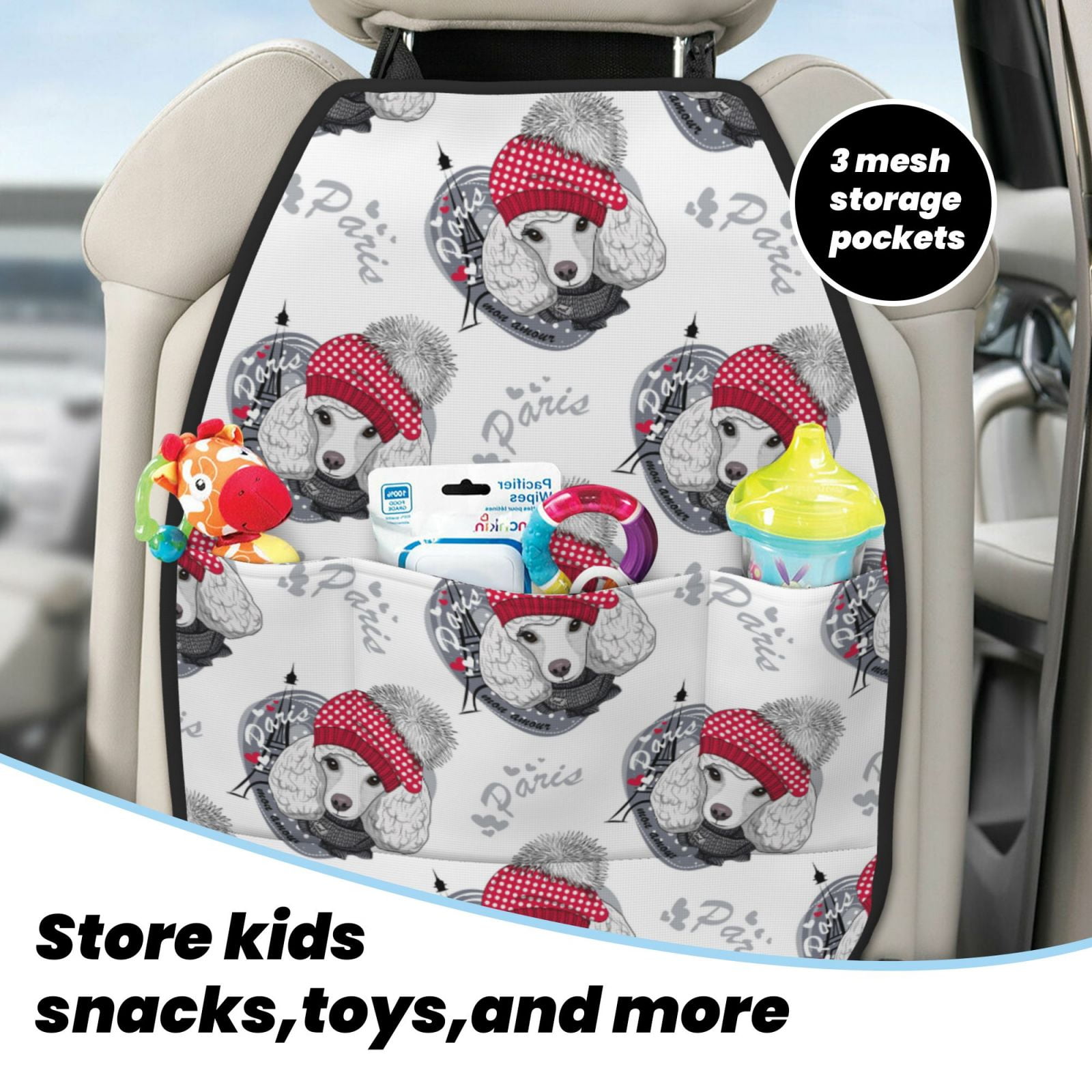 Xecao Cute Poodle Dog Pattern Car Seat Back Protector 2 Pack Large Capacity Pocket, Kick Mats Back Seat Protector