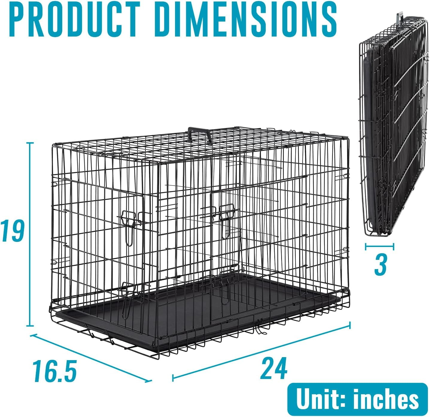 FDW 24 inch Foldable Metal Dog Crate for Small Dogs, Double Door, Divider, Removable Tray(Black)