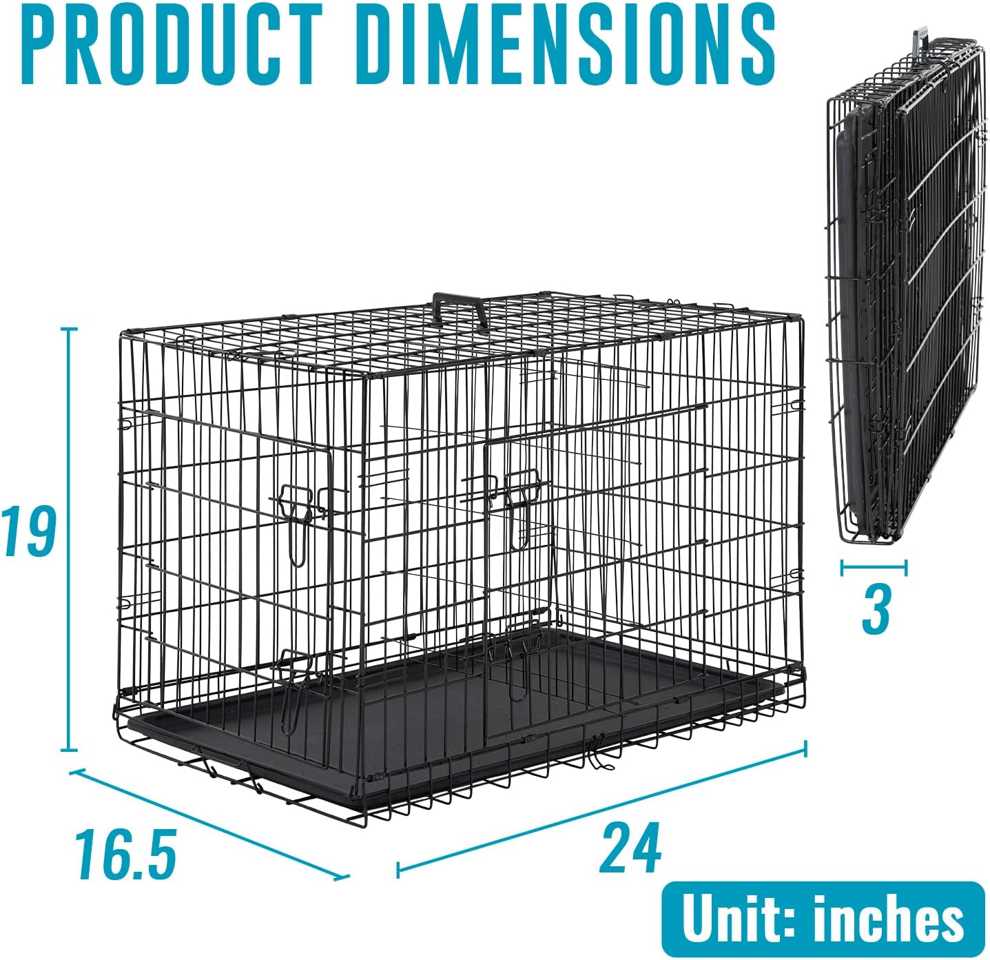 FDW 24" Foldable Metal Dog Crate with Double Doors, Black photo 5