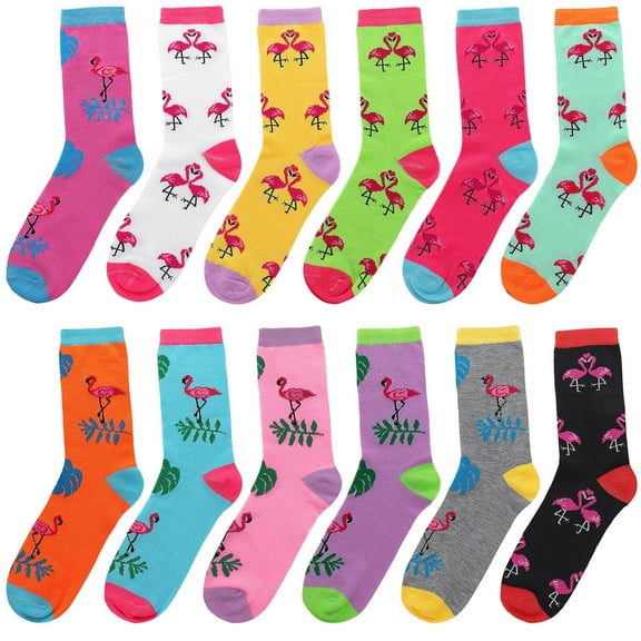 12 Pairs Flamingo Women's Crew Socks Fancy Novelty Designed Size 9-11 Multicolor Assorted