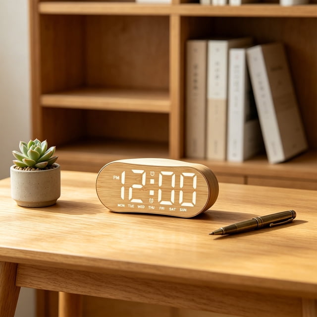 Digital LED Alarm Clock with Date and Temperature Display, Black Plastic, Adjustable Brightness, DST Auto-Set, Battery or AC, 3 AAA