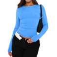 thumbnail image 4 of safuny Women's Summer Trendy Slim Tight Tops Clearance Solid Tops Long Sleeve Tees Crew Neck Shirts Leisure Comfy Vintage Clothing Fashion Blue L, 4 of 9