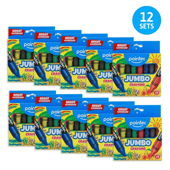 Pointer Jumbo Crayons, 12-Pack of 8 Count Boxes, Assorted Colors