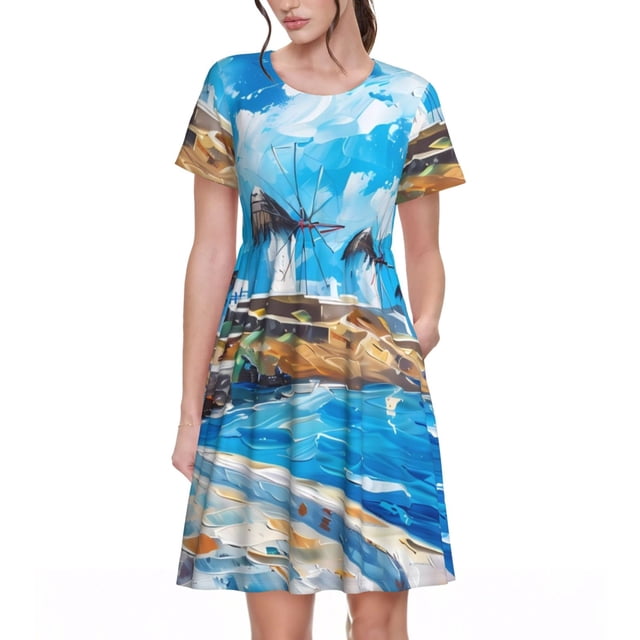 Easygdp Greek Island Windmills Painting para Vestido Transpirable de Mujer, Vestido Suelto de Manga Corta con Pliegues y Bolsillos para el Verano