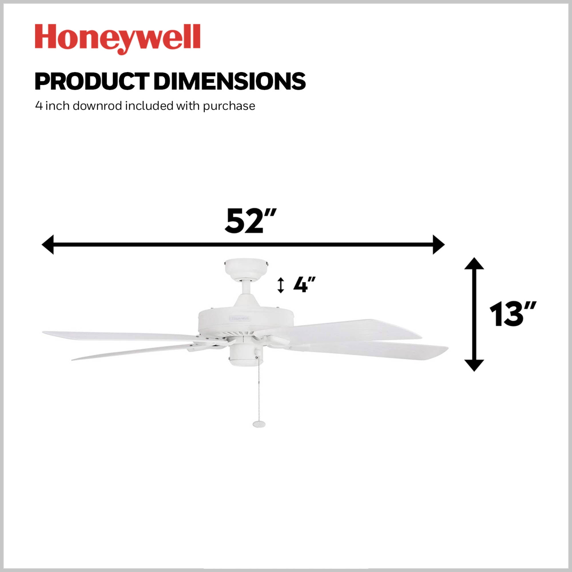 Honeywell Belmar 52" White Indoor/Outdoor Ceiling Fan with 5 Blades, Pull Chains & Reverse Airflow