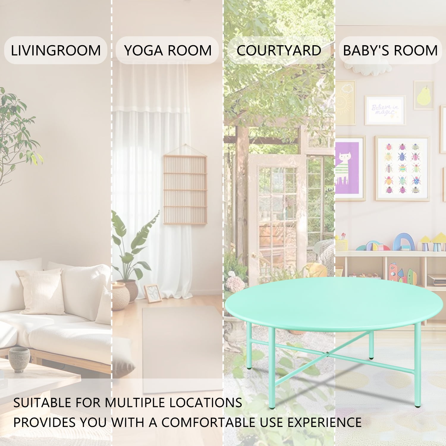 CERBIOR Patio Round Steel Coffee Table, Weather Resistant Anti-Rust and Waterproof Indoor and Outdoor Large Side Table, for Garden Living Room Bedroom Balcony (Mint Green)