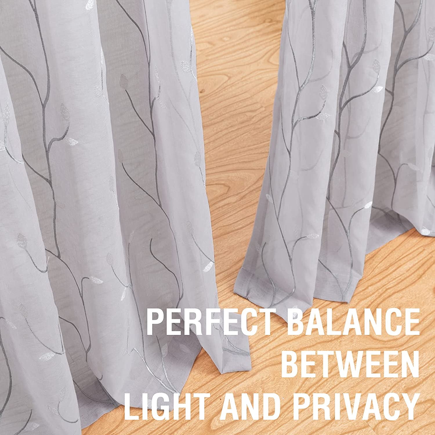 Curtainking Sheer Curtains Floral Embroidery Drapes 84 inch Voile Light Filtering Window Curtain Set for Living Room Bedroom Grommet 2 Panels Grey