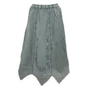 Mogul Women's Long Skirt Grey Embroidered Zig- Zag Style Peasant Skirts
