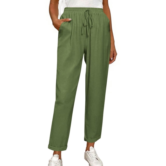 Pantalones elásticos de la cintura para las mujeres verde oliva cordón sólido bolsillo Jogger longitud completa