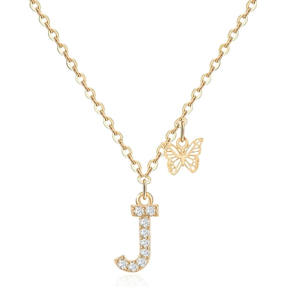 Dainty Butterfly Initial Necklace for Women | 14K Gold Plated Cubic Zirconia Letter Pendant Jewelry