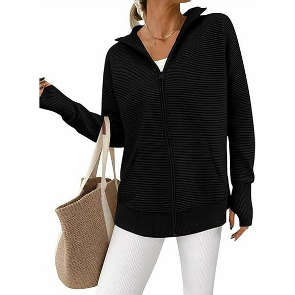 PRETTYGARDEN Womens Fall Long Sleeve Zip Up Cardigan Sweaters Casual Loose Collared Ribbed Knit Tops Jackets Thumb Hole