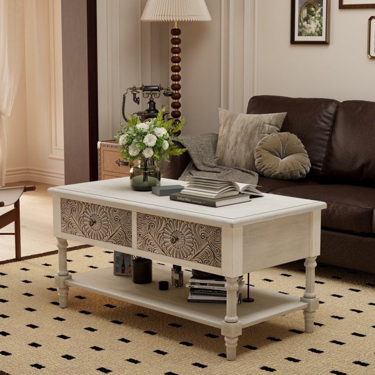 COSIEST Vintage Rectangular Coffee Table w Drawers, Farmhouse 2