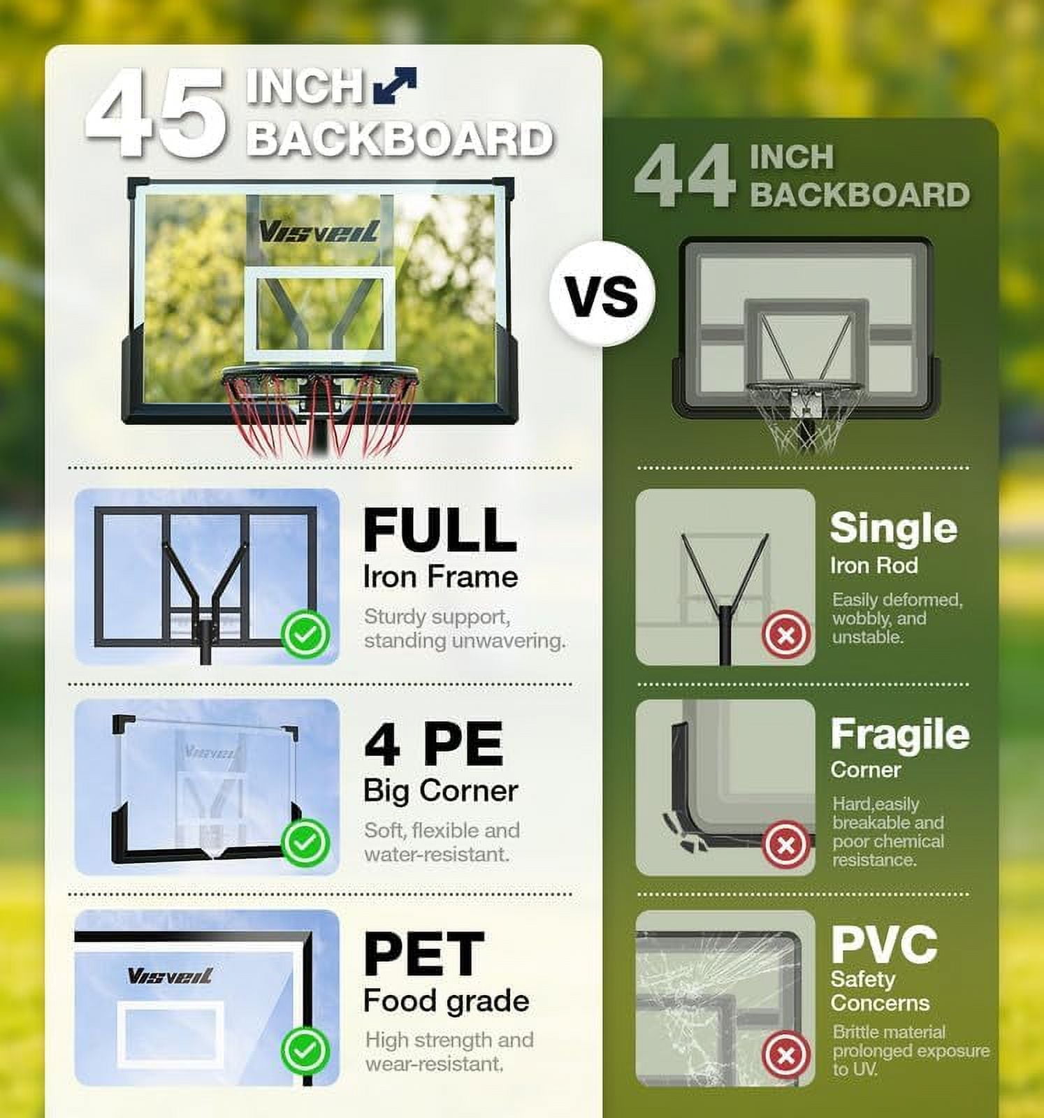 VISVEIL Basketball Hoop,Portable Basketball Hoop System for Outdoor, Adjustable Height 5.7-10ft 45in Backboard Basketball Goal for Kids Teen and Adult
