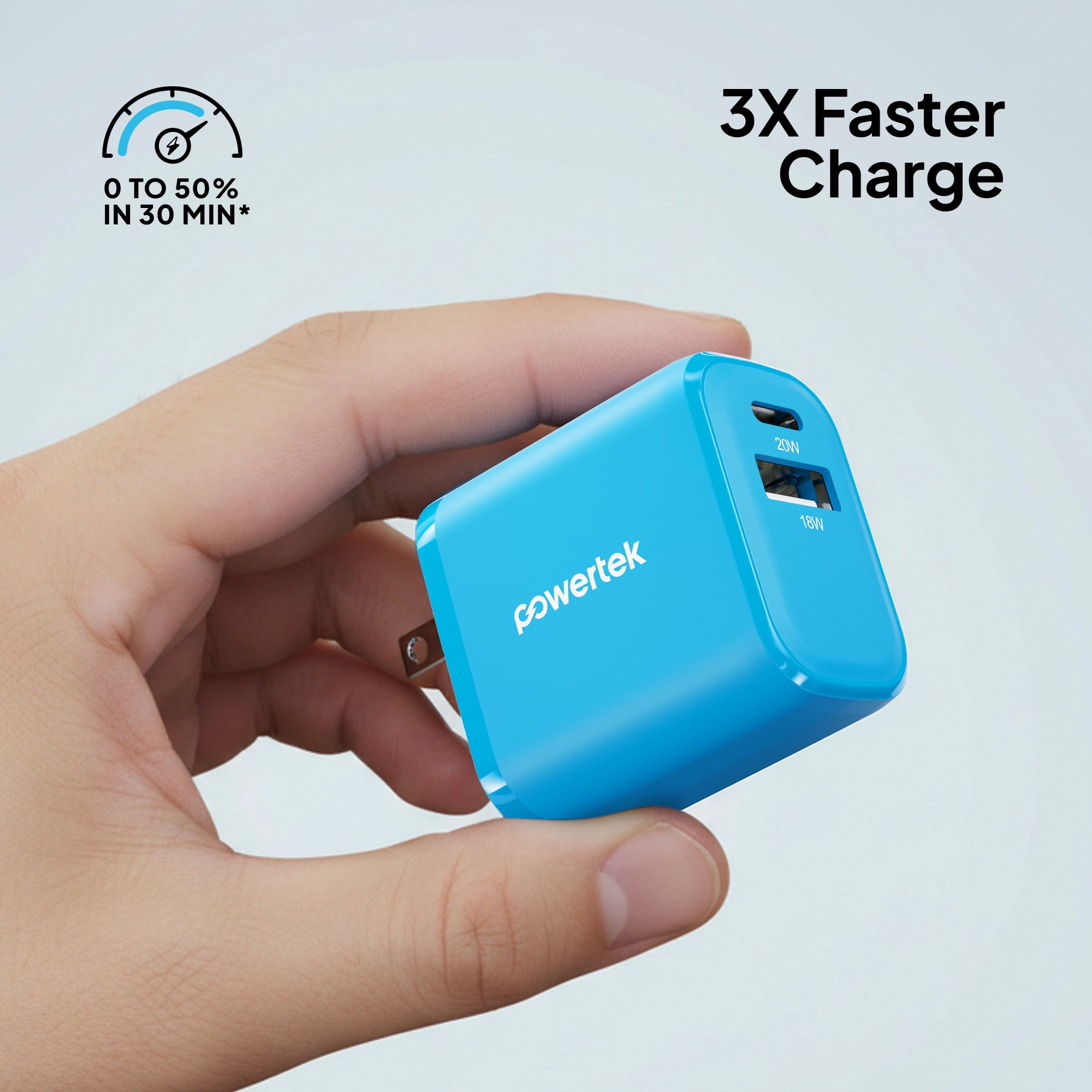 Powertek 20W USB-C PD + USB-A Dual Port Wall Charger, Blue