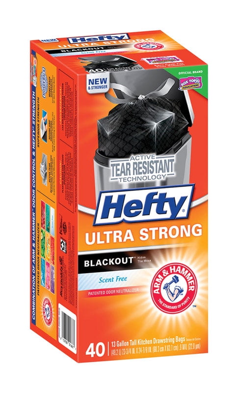 Hefty Ultra Strong Blackout Scent Free Tall Kitchen Drawstring Bags, 40 Count Box, 13 Gallon