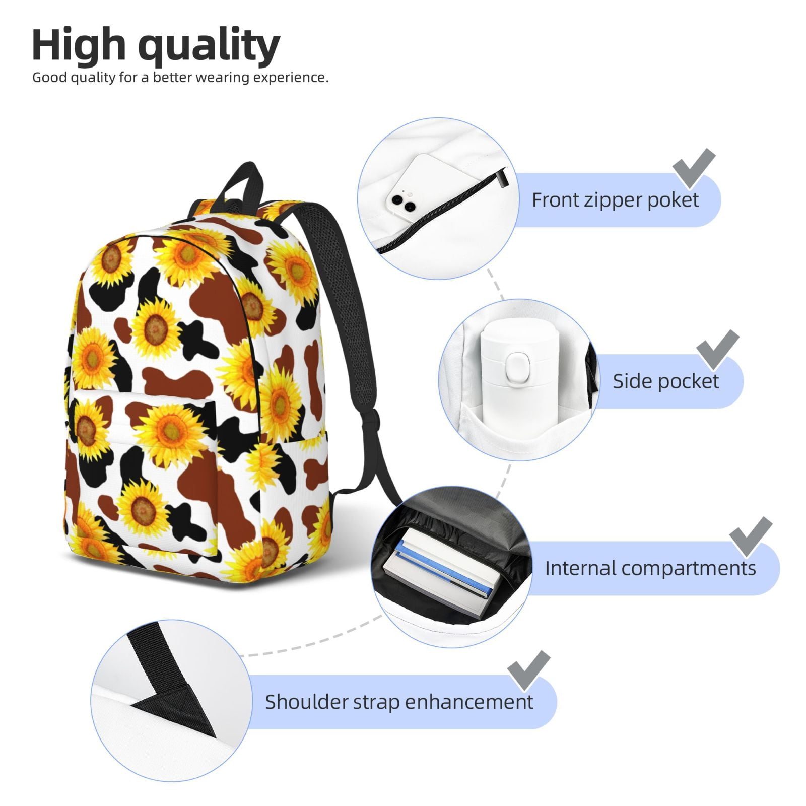 Rateoe Sunflower Cow Pattern Canvas College Laptop Backpack,Travel Daypack,Durable Rucksack Travel Notebook Bag School Backpack Book Bag for Men Women-Small