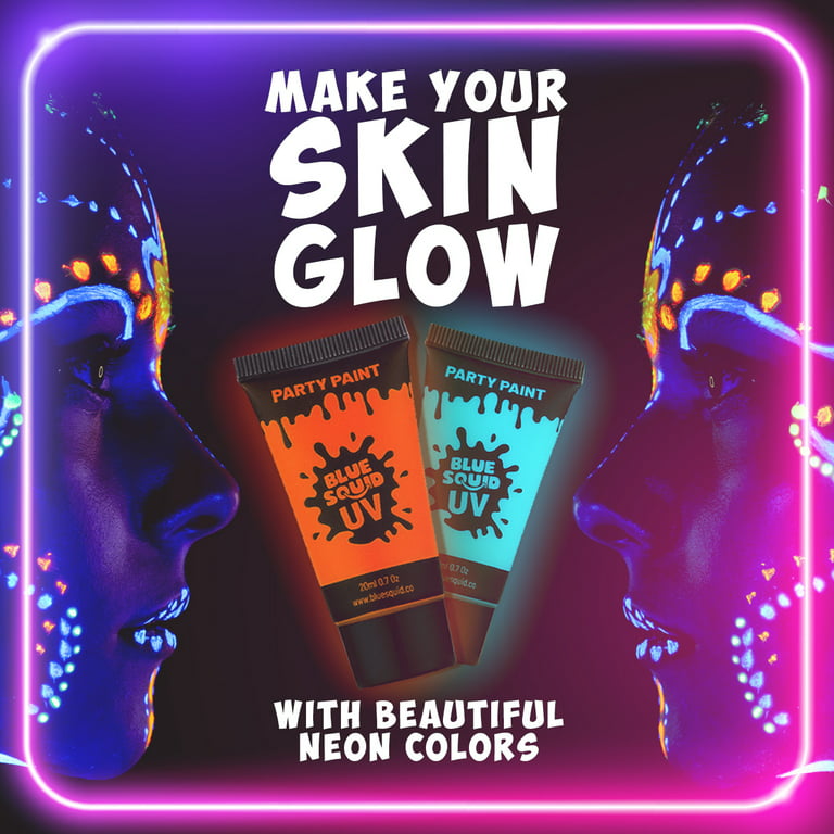 UV Face & Body Paint Set - Blue Squid, 8 Liquid UV Body Paints (8 Large 0.68 fl oz) +FREE Bonus Mini Ultraviolet Flashlight - Glow in The Dark Neon