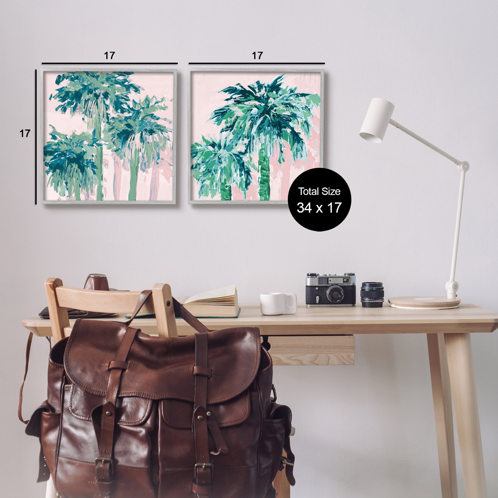 Stupell Industries Abstract Palms on Pink Botanical & Floral Painting Gray Framed Art Print Wall Art, 17 x 17, Set of 2