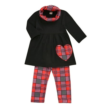 

Toddler Baby Kids Girls Solid Heart Print Tops+Plaid Print Pants+Scarf Sets