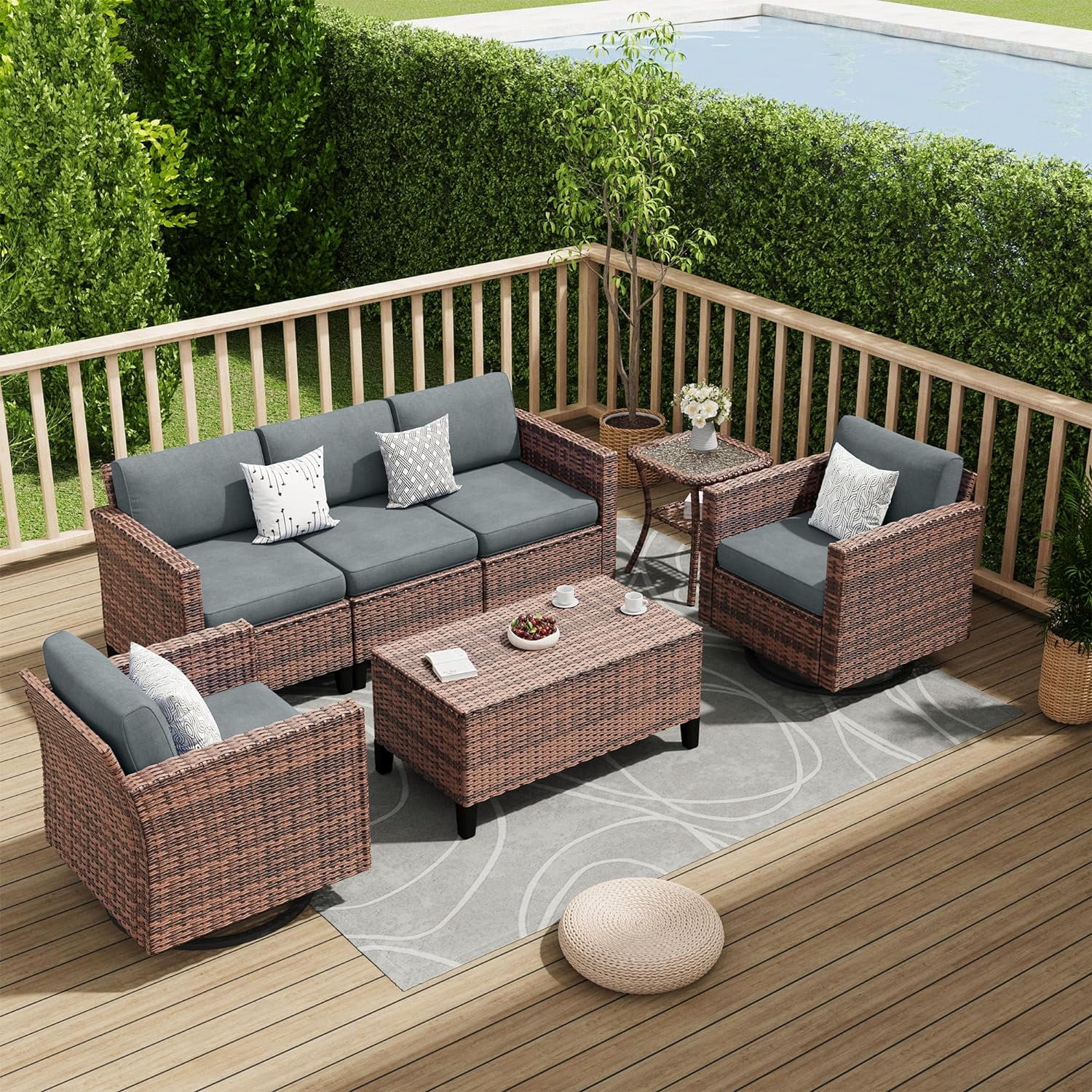 ELPOSUN 7-Piece Wicker Patio Furniture Set, Rattan Sectional Sofa, Storage Table, Swivel Chairs, Waterproof Covers