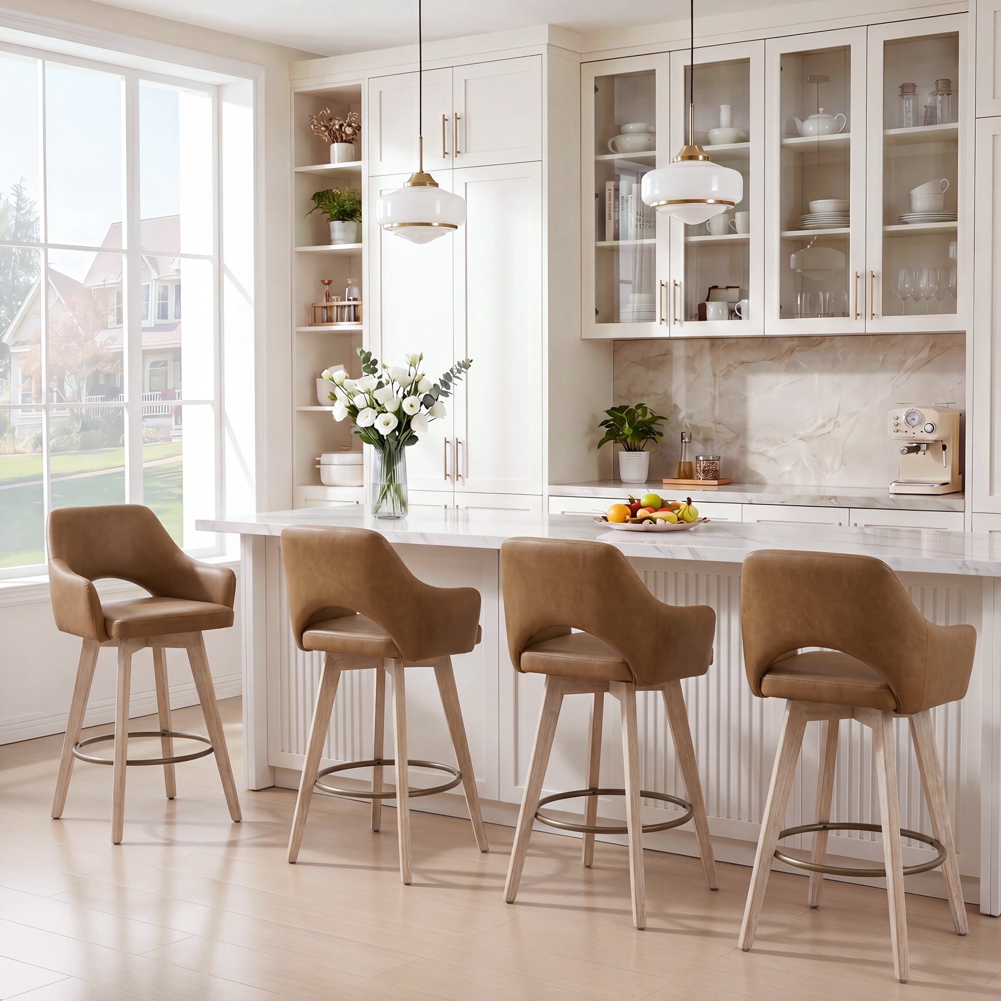Zesthouse 26.8″ Swivel Counter Height Bar Stools Set of 2, Upholstered Faux Leather Bar Stools with Back and Wood Legs, Mid Century Modern Barstool Island Chairs for Kitchen Counter, Brown