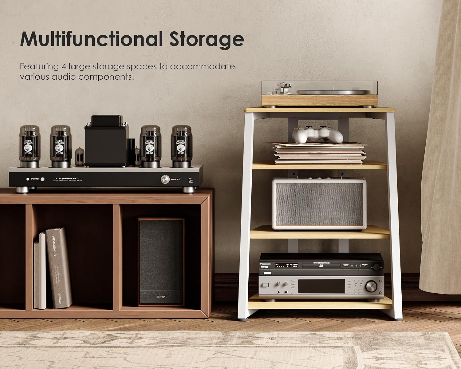 FITUEYES 4-Tier Stereo Cabinet with LED Backlight, Adjustable Shelves, White