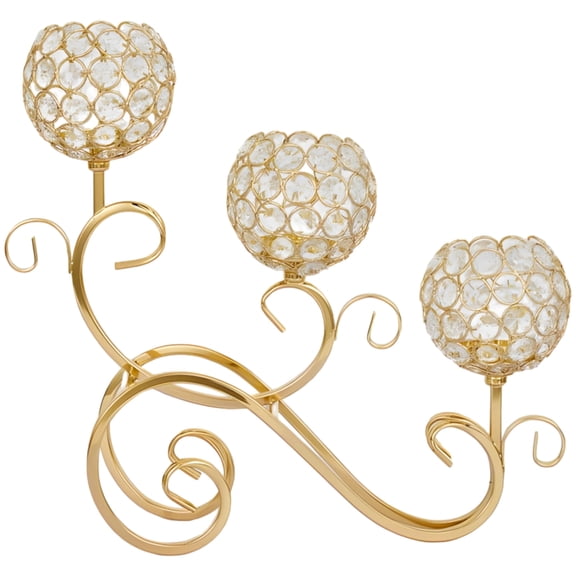 Gold Metal Candle Holder, 3-Arm Crystal Tealight Candelabra, Table Centerpiece for Weddings, Dining, Elegant Home Decor, Party Decorations