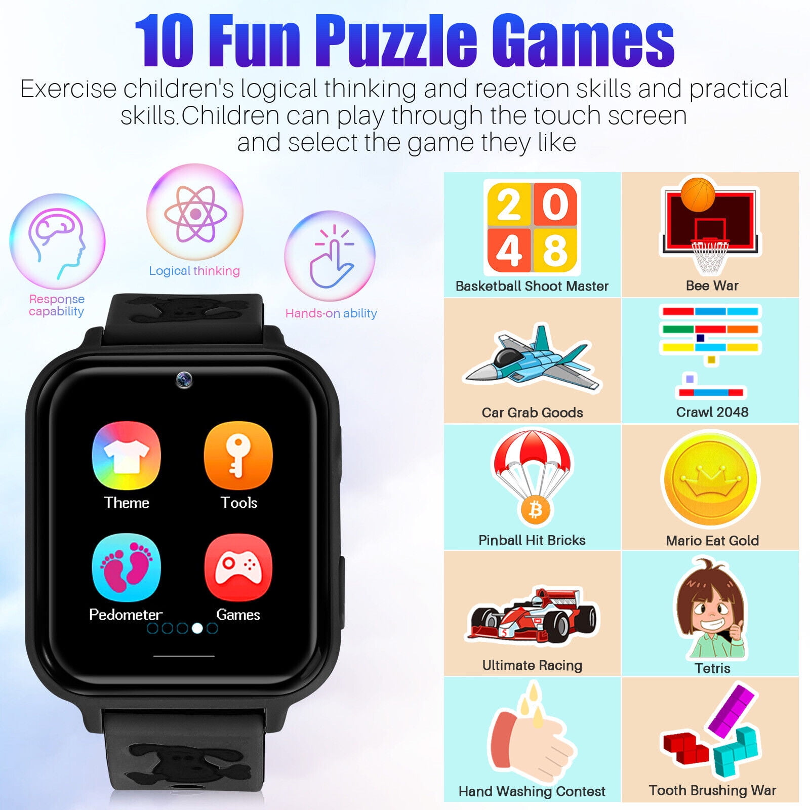 TOPCHANCES Smart Watch for Kids, Kids Smartwatch with Two-way Call 10 Games Camera Music Player SOS, Birthday Educational Gift for Age 3-14 Boys Girls, Black