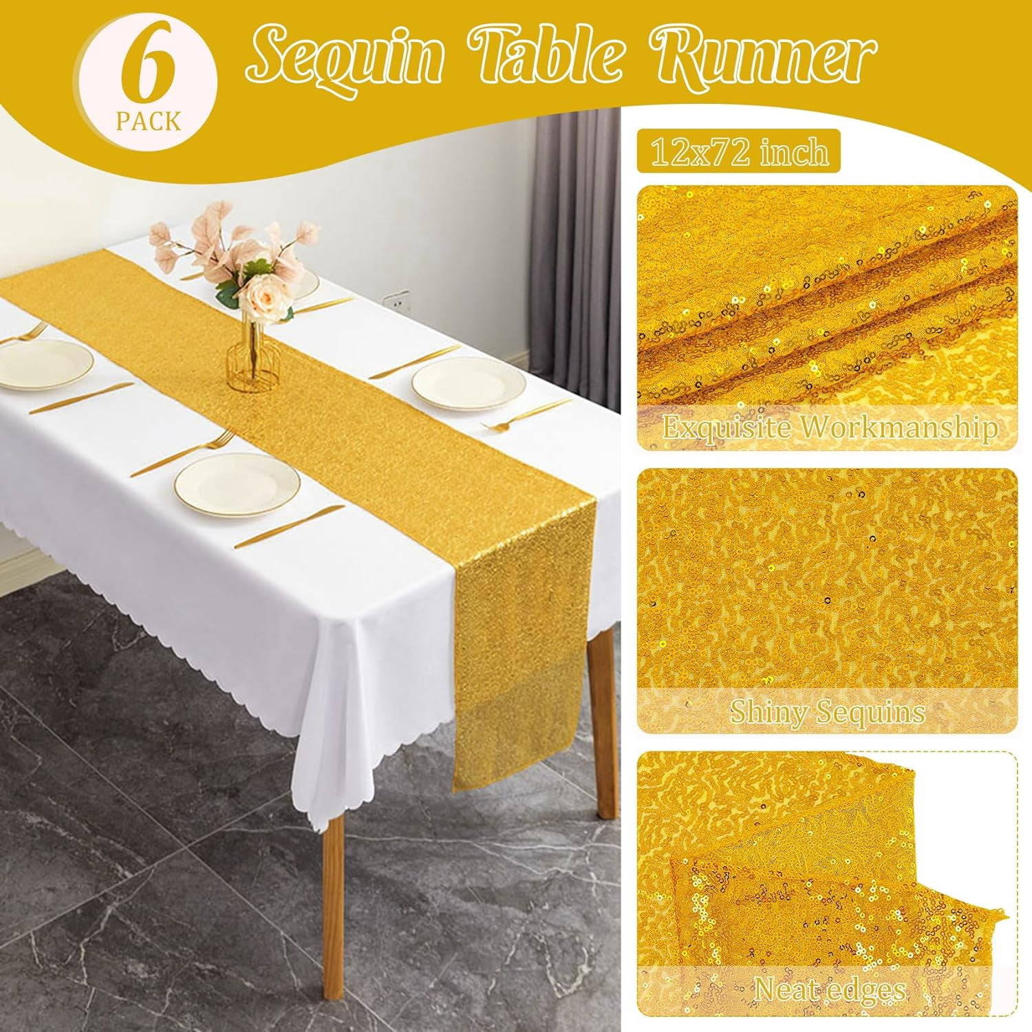 6 Pack Gold Sequin Table Runners 12" x 72" Sparkle Sequin Table Cloths for Wedding Party Banquet Bridal Shower Decorations