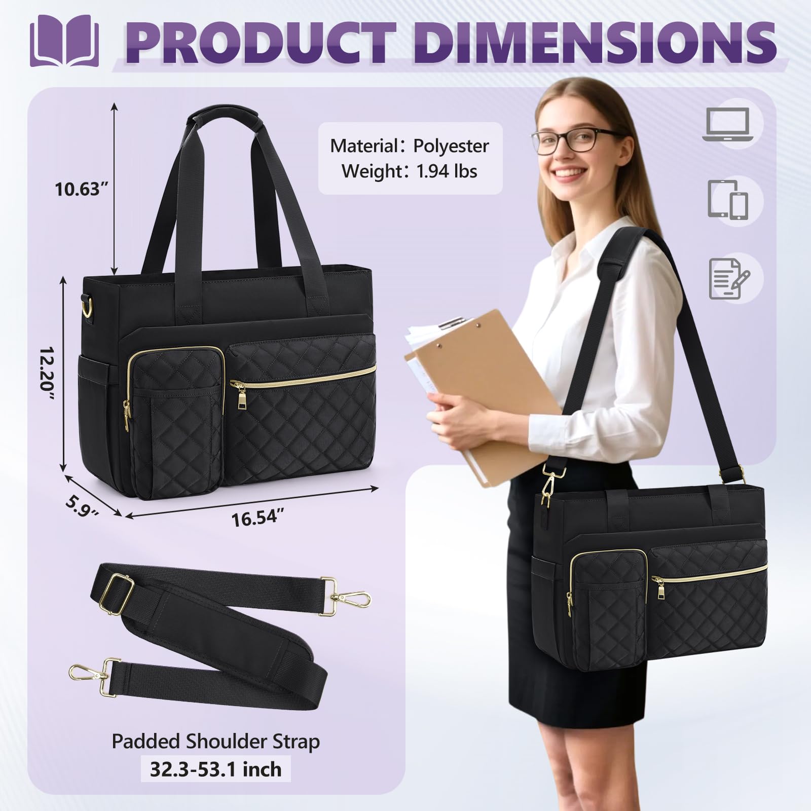 Teacher Tote Bag 15.6 inch Laptop Bag Work Bags for Women Nurse Tote Professional Computer Messenger Shoulder Bags Laptop Briefcase for Office,College,Nursing