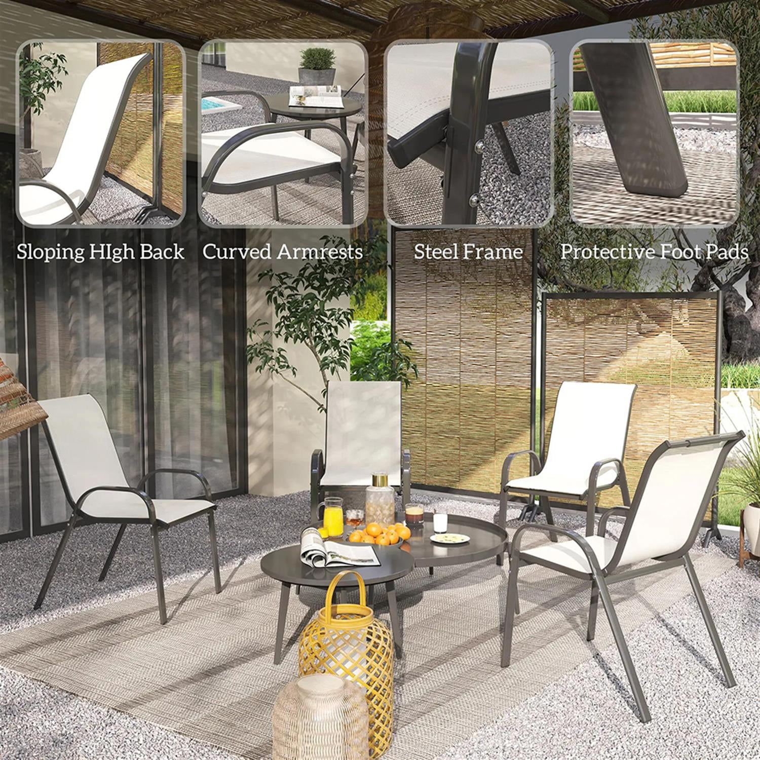 Demi Bonn Outdoor Dining Chairs Set of 4, Stackable Patio Chair with High Back, Breathable Mesh Seat for Garden, Backyard, Deck, Porch, Lawn, Beige