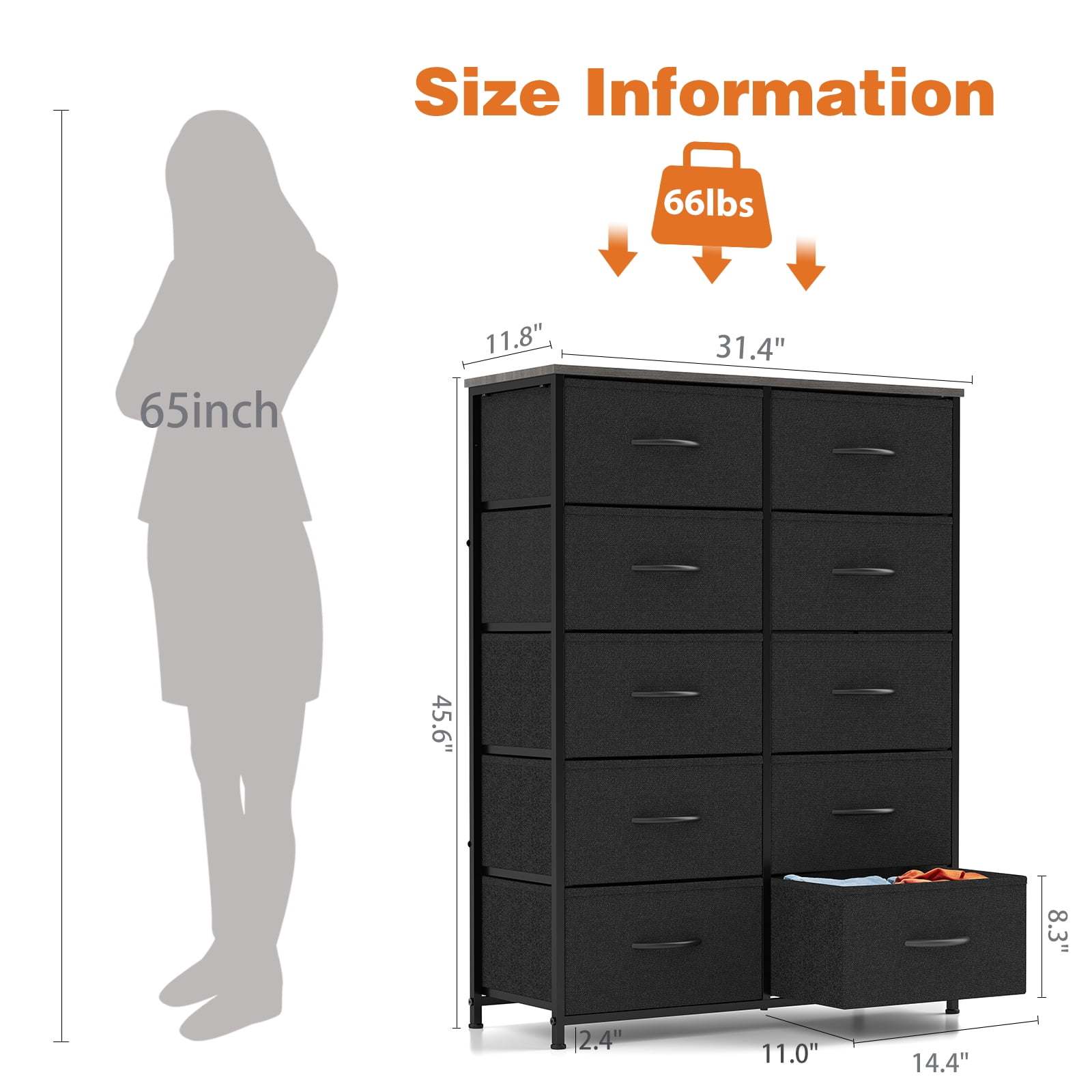 CONCETTA 10-Drawer Fabric Dresser Storage Chest for Bedroom, Closet, Entryway, Storage Furniture for Adults, Black