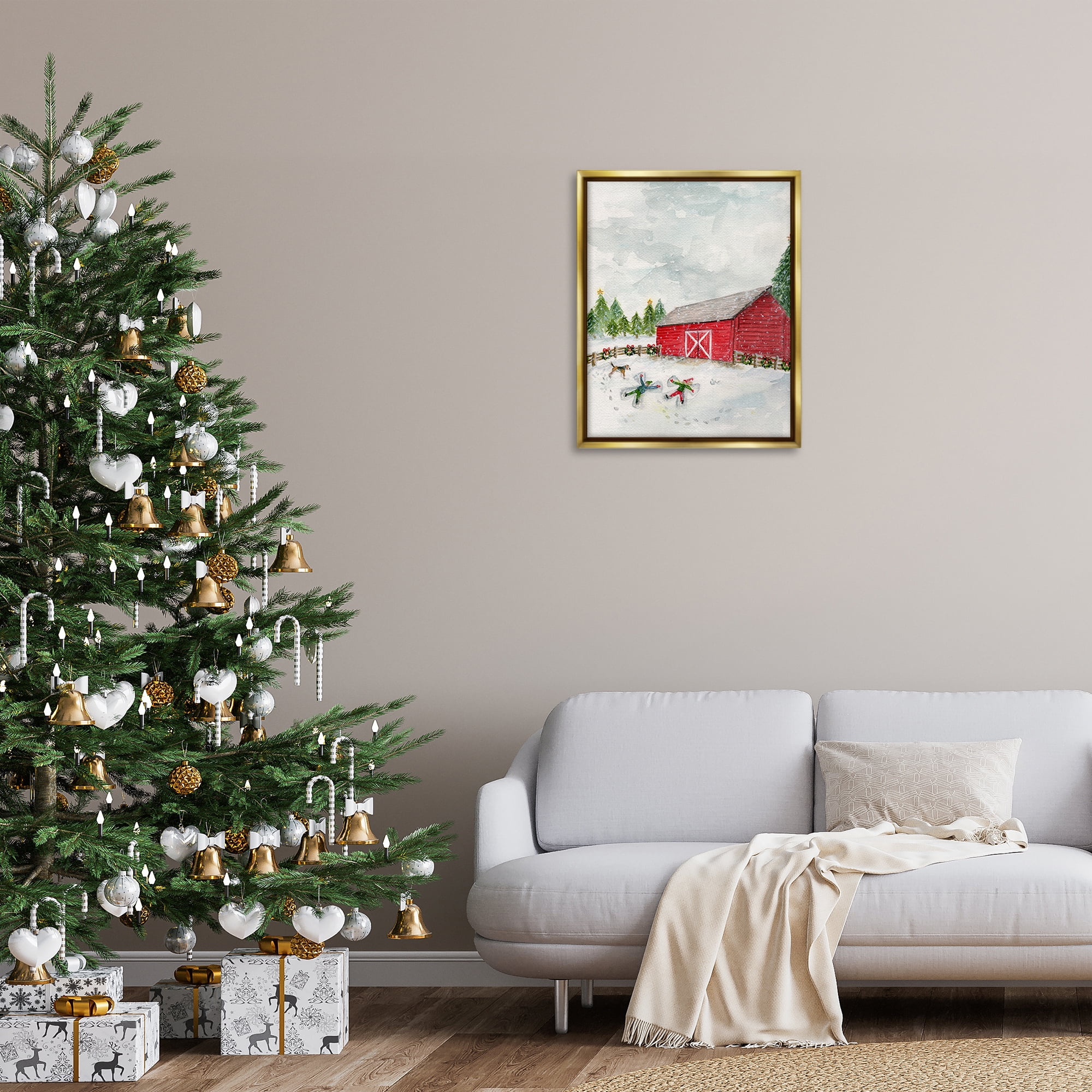 Stupell Industries New England Snow Angels Holiday Painting Gold Floater Framed Art Print Wall Art, 25 x 31