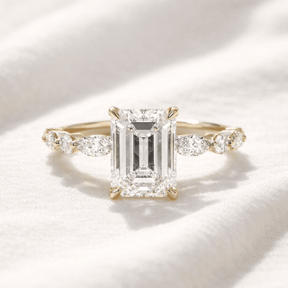 Jewelerix Emerald Cut Diamond Engagement Ring in Vermeil 10K Yellow Gold with Marquise Side Stones, Solitaire Bridal Ring, Promise Ring