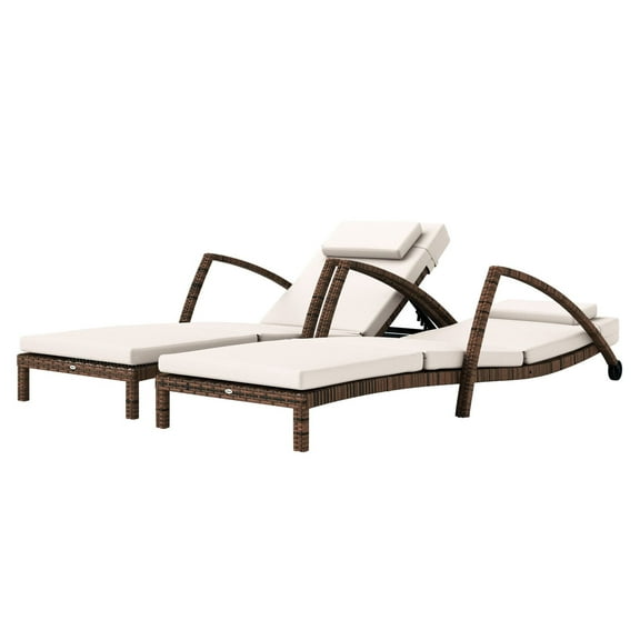 Wicker Chaise Lounge Chairs Set of 2, Outdoor Patio Loungers with Adjustable Back, Wheels & Cushions, Beige