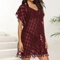 thumbnail image 2 of Tqyyweavej Women's Beach Crochet Cover Up Sexy Lace Sheer Short Length Sleeve Swimsuit Coverup Free Size V Neck Solid Color Swim Cover Up with Tassels, 2 of 8