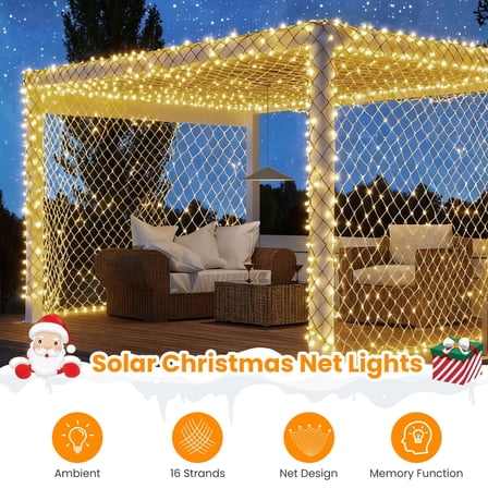 Imountek 192LED Solar Christmas Net Lights Outdoor, 9.84x6.56FT Dimmable Bush Lights with Remote Timer IP44 Waterproof 8 Modes for Holiday Wedding Patio