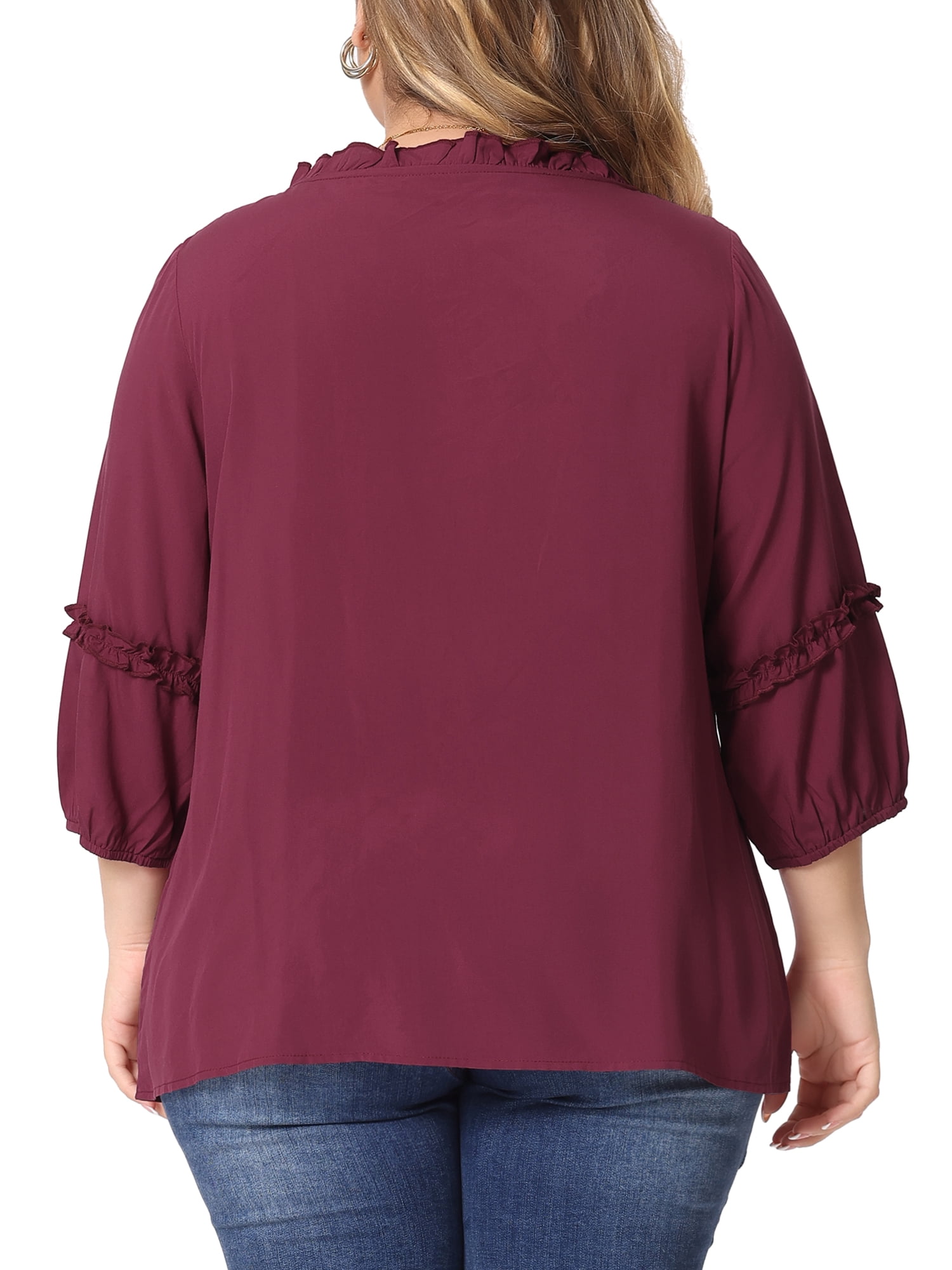 Women's Plus Tops Tie Neck Tassel Self Flutter 3/4 Sleeve Blouses Tops 1X Burgundy